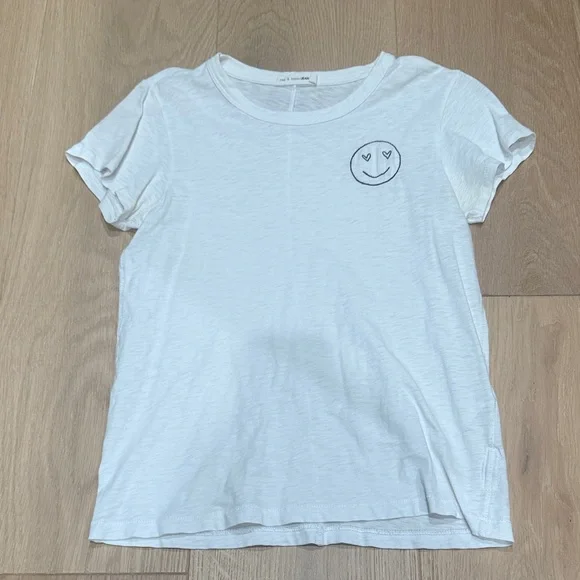 Rag & Bone White Tee with Heart Eyes Smiley Embroidery - Picture 1 of 6